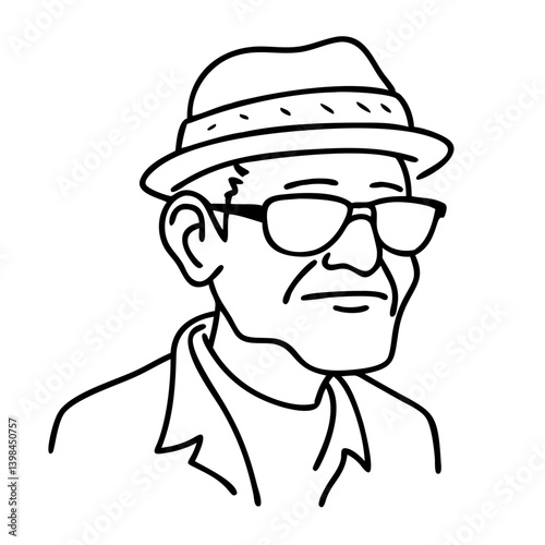 Elderly Man in Glasses Hat and Suit Vector Illustration for Coloring Books and Art Projects