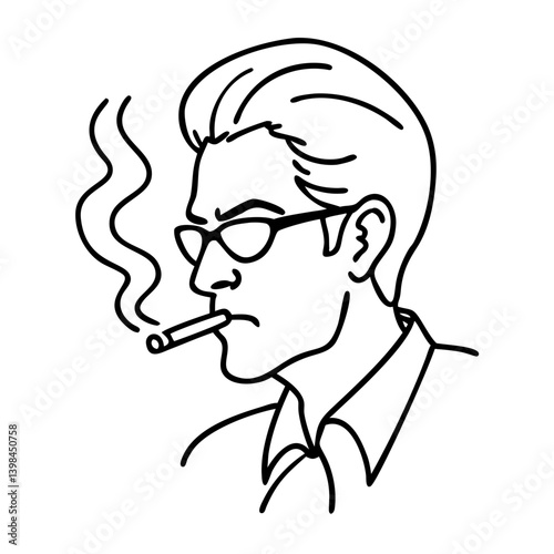 Vector Line Art of Man with Glasses Smoking Cigarette for Illustrations and Tattoos
