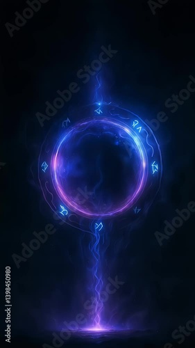 Mystical glowing magic circle with blue and purple runes floating in darkness and arcane energy flow