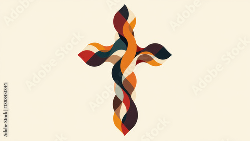 Colorful Christian cross symbol with abstract design elements on a light background.
