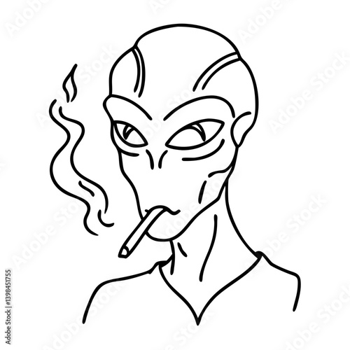 Alien Smoking Line Art for Tattoos and Coloring Books Vector Illustration