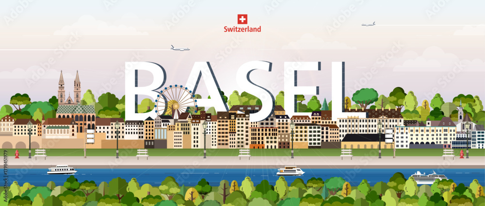 Basel cityscape colorful vector illustration with big city name on the background. Travel trendy poster