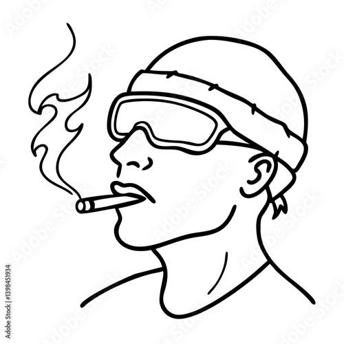 Cool Cap Wearing Guy Smoking Cigar Line Art Vector Illustration for Posters and Coloring Books