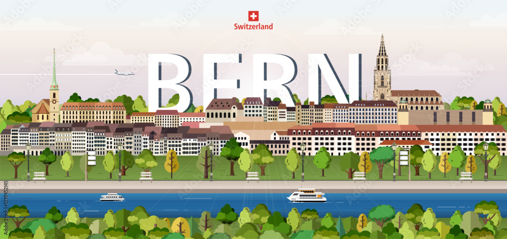Bern cityscape colorful vector illustration with big city name on the background. Travel trendy poster