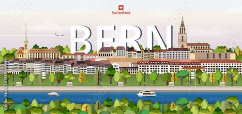 Obraz na płótnie Bern cityscape colorful vector illustration with big city name on the background. Travel trendy poster w salonie