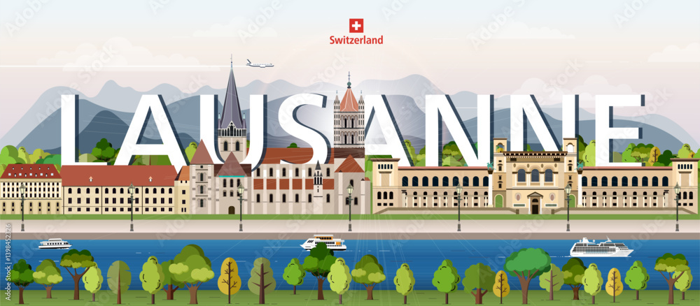 Lausanne cityscape colorful vector illustration with big city name on the background. Travel trendy poster