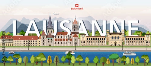 Obraz na płótnie Lausanne cityscape colorful vector illustration with big city name on the background. Travel trendy poster w salonie