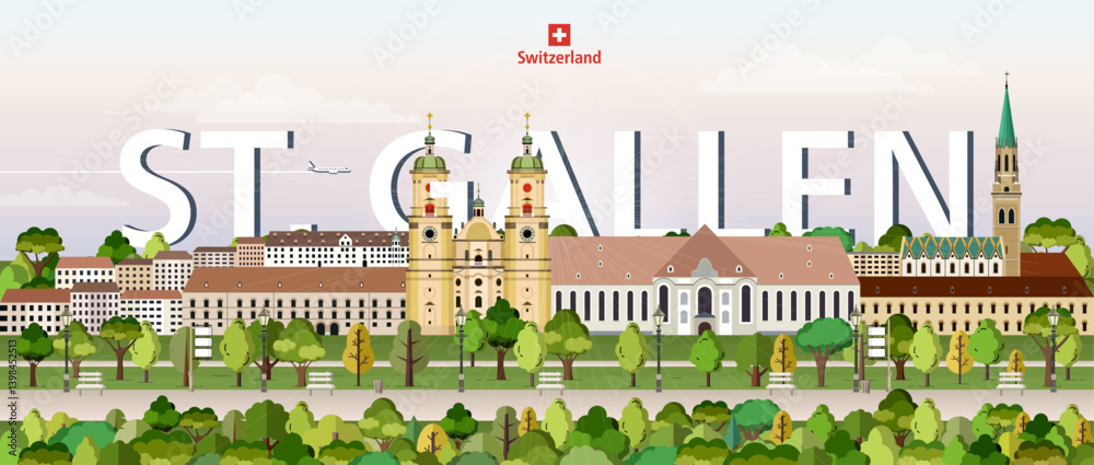 St. Gallen cityscape colorful vector illustration with big city name on the background. Travel trendy poster