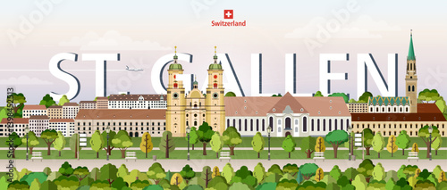Obraz na płótnie St. Gallen cityscape colorful vector illustration with big city name on the background. Travel trendy poster w salonie