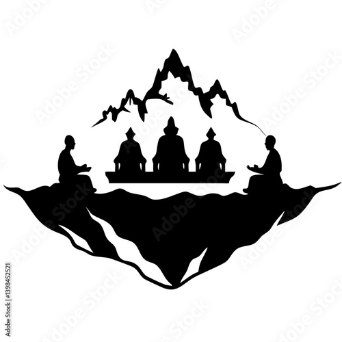 Meditation and Mindfulness in Mountain Scenery Silhouette Vector