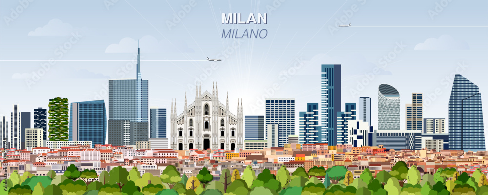 Milan city skyline on gradient beautiful day sky background. Vector illustration