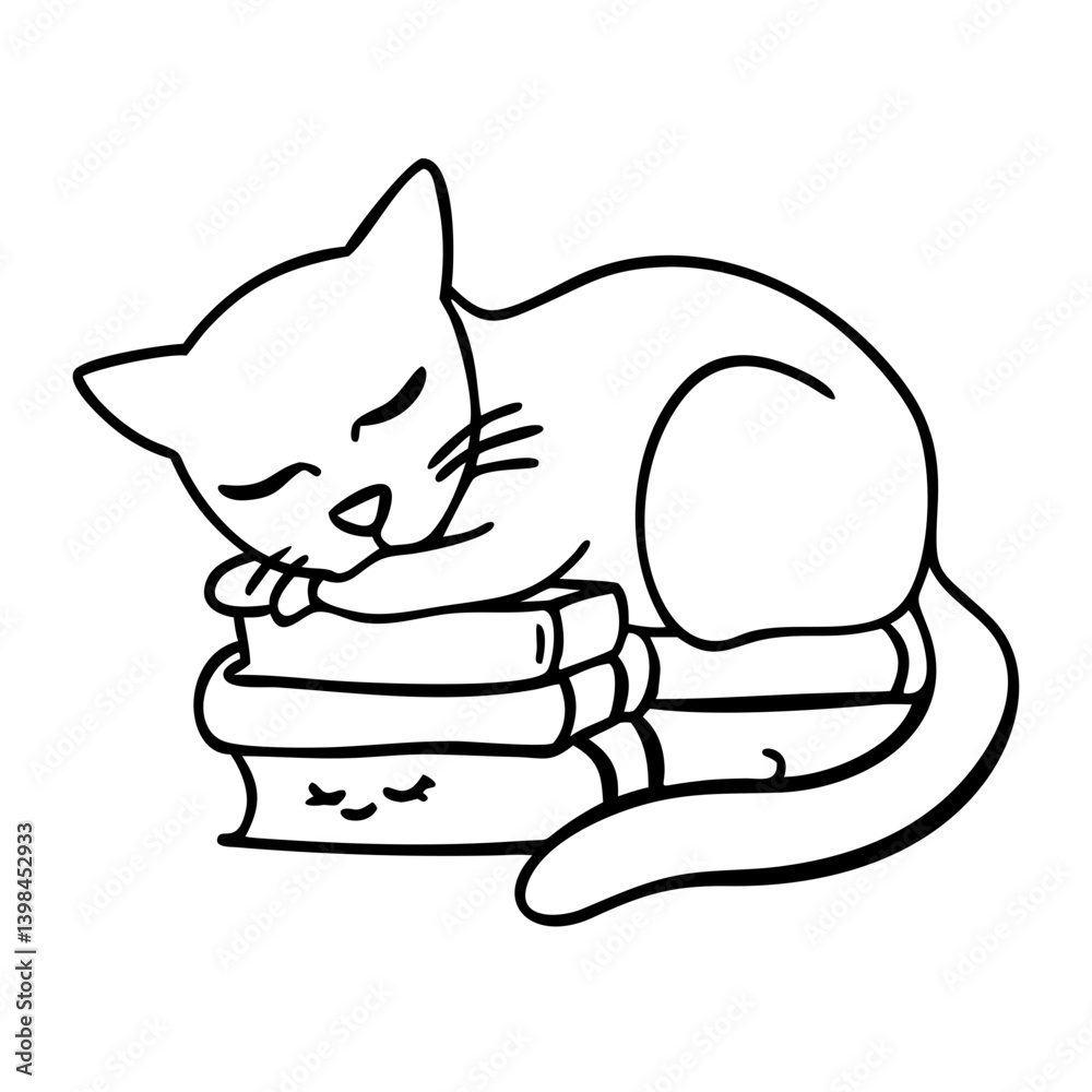 Naklejka premium Sleeping Cat Resting on Books Cute Vector Illustration for Coloring and Design