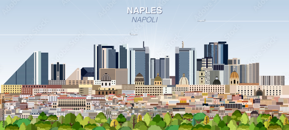 Naples city skyline on gradient beautiful day sky background. Vector illustration