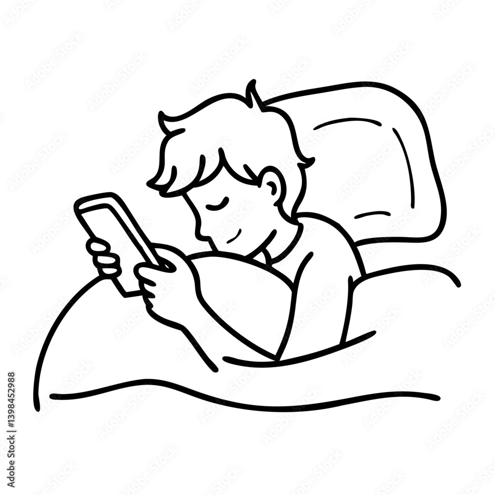 Boy Relaxing in Bed Using Smartphone Vector Illustration for Nighttime Relaxation