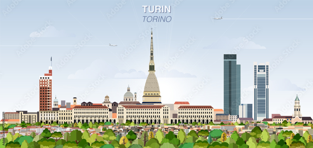 Turin city skyline on gradient beautiful day sky background. Vector illustration