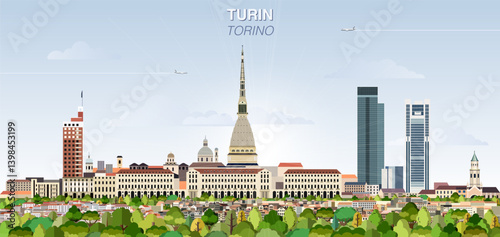 Obraz na płótnie Turin city skyline on gradient beautiful day sky background. Vector illustration w salonie