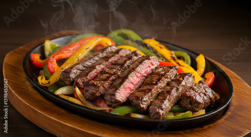 Sizzling Steak Fajitas with Grilled Peppers on Cast Iron Platter
