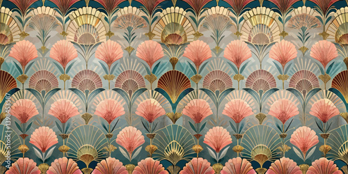 Elegant floral pattern in soft pastels with art deco inspiration.
