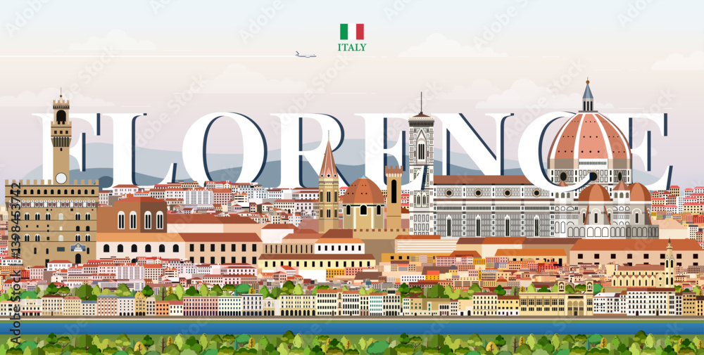Florence cityscape colorful vector illustration with big city name on the background. Travel trendy poster