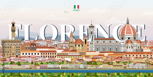 Obraz na płótnie Florence cityscape colorful vector illustration with big city name on the background. Travel trendy poster w salonie