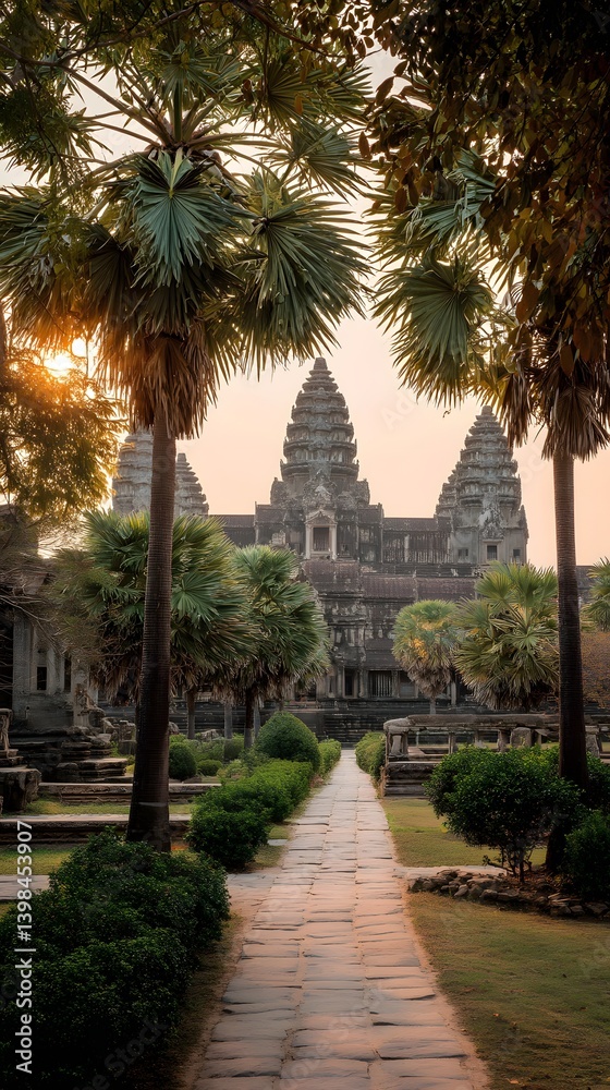 Fototapeta premium Angkor Wat at Sunrise: A majestic view of the ancient Angkor Wat temple, bathed in the soft, golden light of sunrise. Pathway leading towards the temple amidst lush greenery.