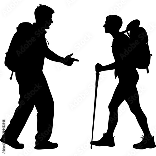 Silhouette of Two Hikers Communicating in Outdoor Adventure Scene