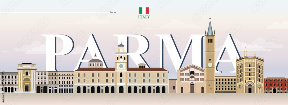 Parma cityscape colorful vector illustration with big city name on the background. Travel trendy poster