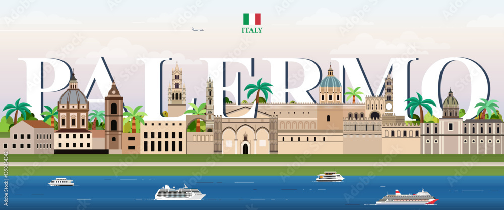 Palermo cityscape colorful vector illustration with big city name on the background. Travel trendy poster