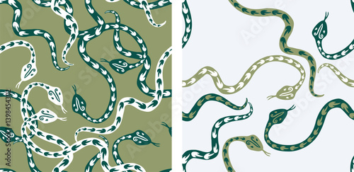 Seamless patterns of abstract drawn creeping snakes, green, white, vector background, paper, textile, wallpaper, fabric