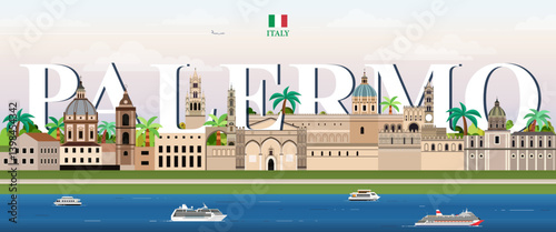 Obraz na płótnie Palermo cityscape colorful vector illustration with big city name on the background. Travel trendy poster w salonie