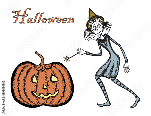Young witch with magic wand and Halloween pumpkin, vector hand drawn illustration, greeting card