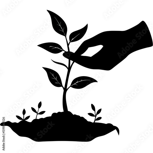 Hand Nurturing Young Plant Silhouette for Sustainability and Growth Concepts