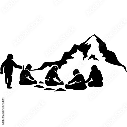 Primitive People Gathering Silhouette Mountain Scene Vector for Artwork and Education