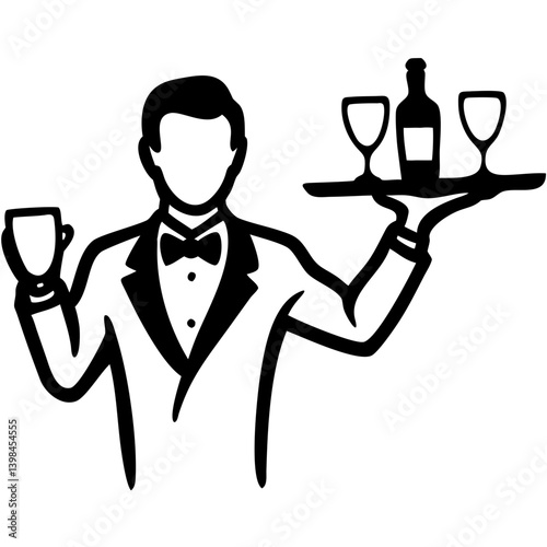 Elegant Waiter Silhouette Serving Drinks with Tray and Cup Vector Illustration