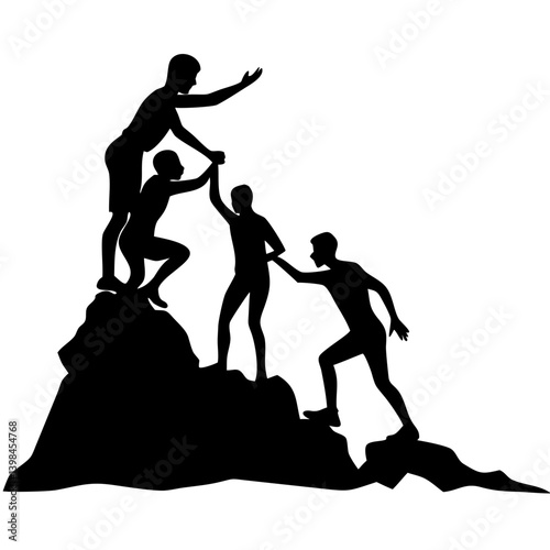 Teamwork Silhouette of People Helping Each Other Climb Mountain Vector