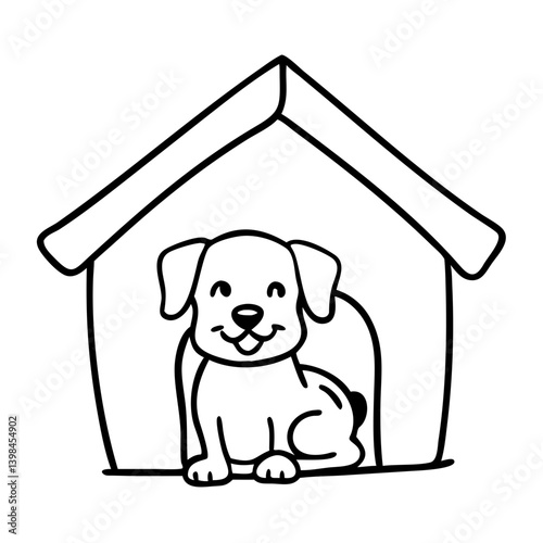 Vector Illustration of Happy Dog in Kennel Ideal for Pet-Themed Coloring Books and Decor