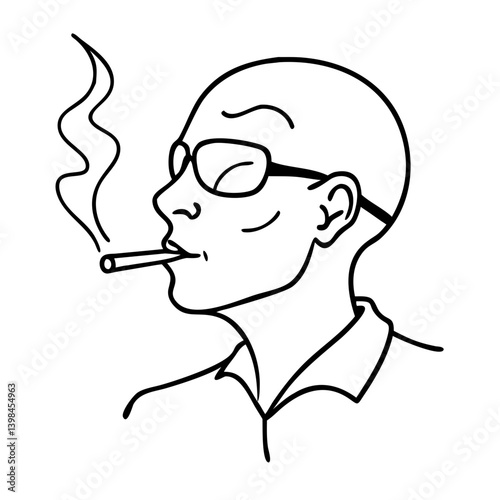 Vector Illustration of Bald Man Smoking Wearing Glasses Line Art for Design Projects