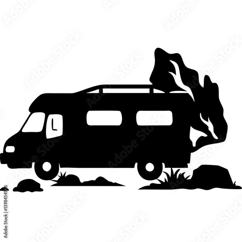 Silhouette Camper Van Adventure Road Trip Vector Illustration for Travel Designs