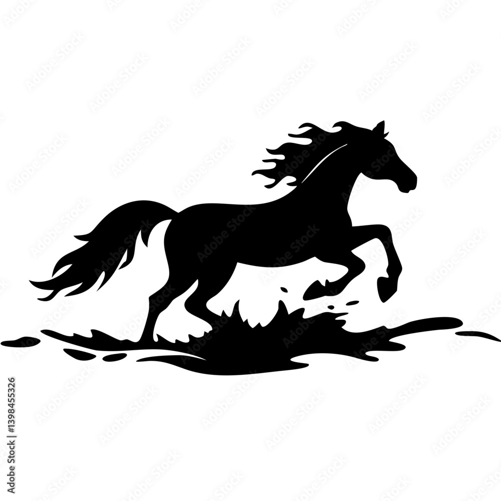 Obraz premium Wild Stallion Silhouette Splashing Through Water Vector Illustration