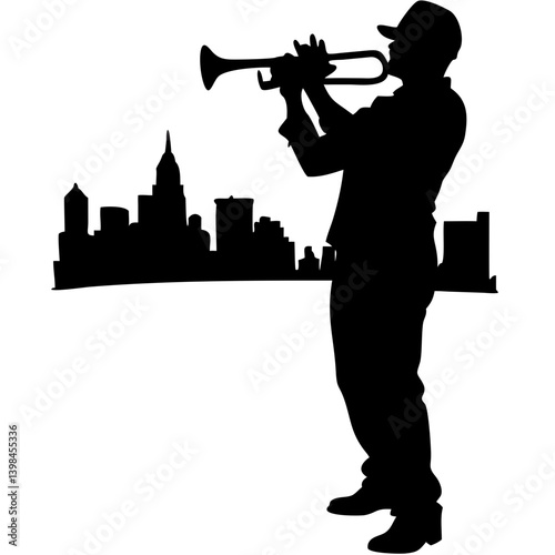 Silhouette Jazz Trumpet Player with City Skyline Vector Art for Music Posters