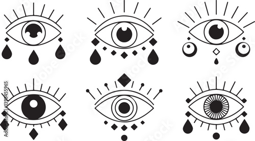 Illustrations of Mystical Eyes with Ornamental Elements for Fantasy, Spiritual, and Mystical Graphic Design Icons