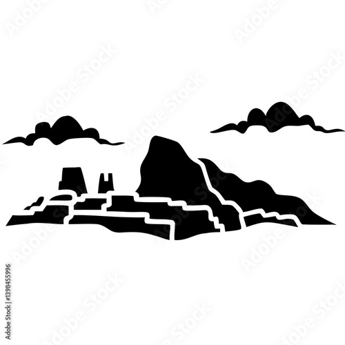 Majestic Mountain Silhouette with Ancient Ruins and Clouds Vector Illustration