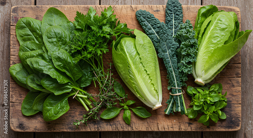 Assorted Fresh Green Vegetables And Herbs On Wooden Cutting Board
