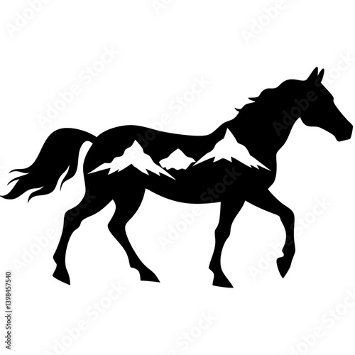 Horse Silhouette with Mountain Landscape Double Exposure Design for Tattoos or Artwork