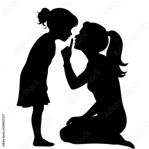 Silhouette of Mother Kneeling Teaching Child in Quiet Gesture for Parenting Concepts