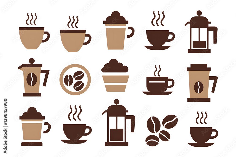 Obraz premium Collection of Coffee Icons: Cups, Pots, Beans, and More