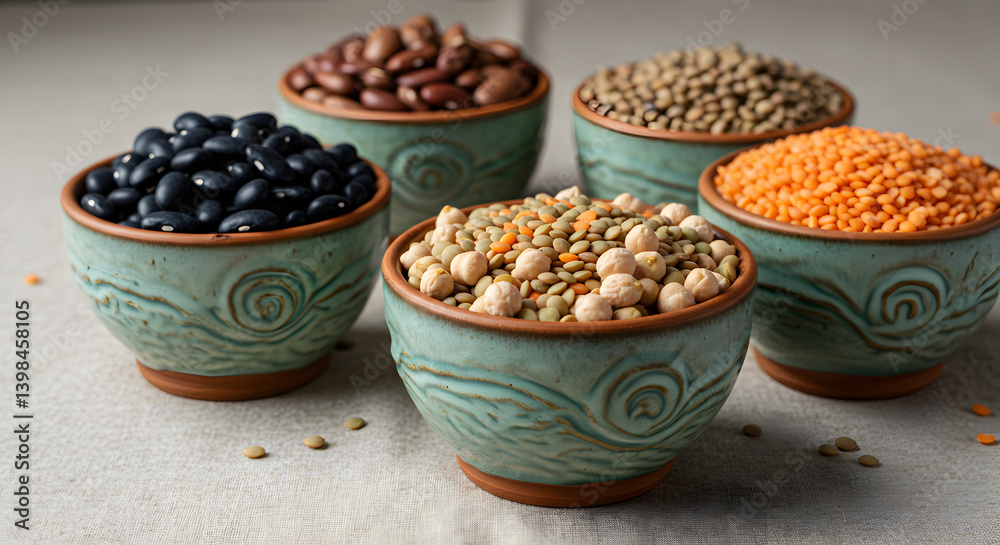 Assortment Of Organic Beans And Lentils In Ceramic Bowls For Healthy Eating Assortment Of Organic Beans And Lentils In Ceramic Bowls For Healthy Eating