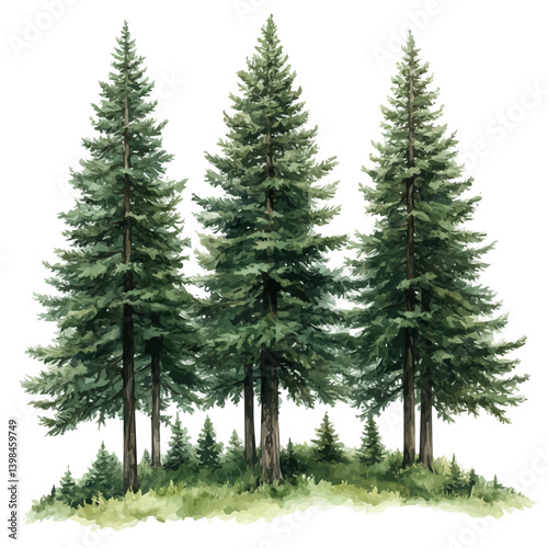 Pine tree, watercolor illustration, isolated on a white background.

