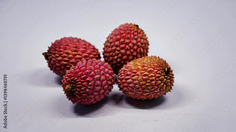 Close-up of four fresh, vibrant lychees with textured red shells against a bright white background, showcasing natural beauty. Close-up of four fresh, vibrant lychees with textured red shells against a bright white background, showcasing natural beauty.
