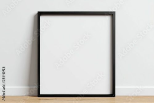 Blank black frame on wooden floor against a white wall in an indoor setting